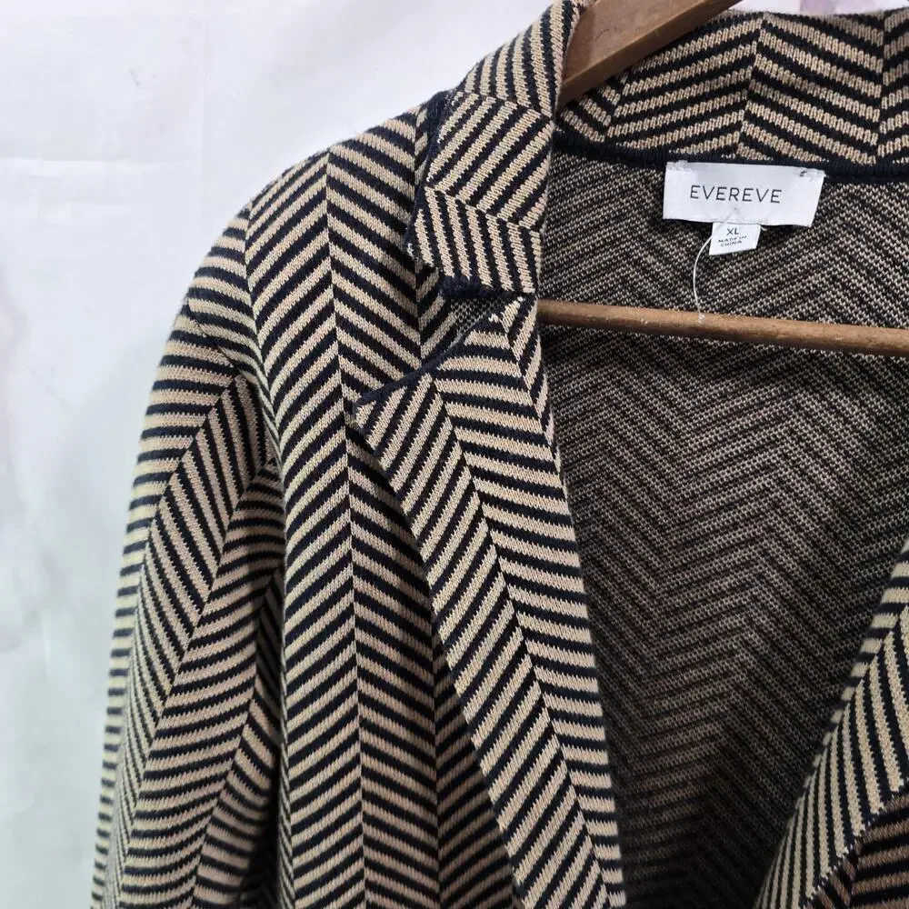 Evereve Jacket Womens XL Brown Black Long Sweater Blazer Knit Striped